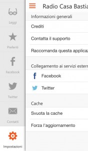 Menu impostazioni App RCB